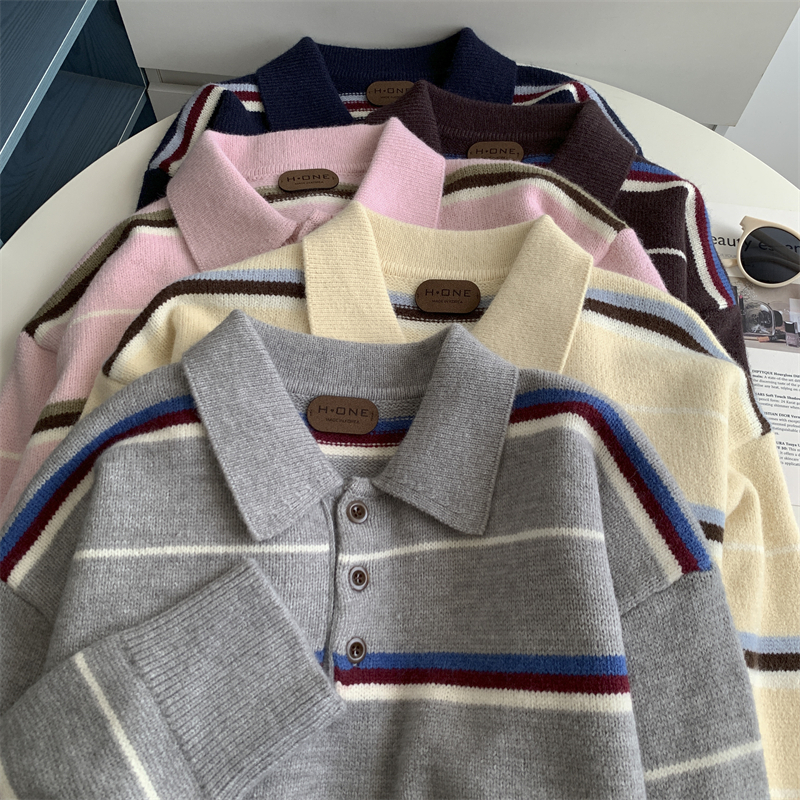 半门襟POLO翻领条纹毛衣韩系懒惰感复古撞色学院风休闲宽松针织衣