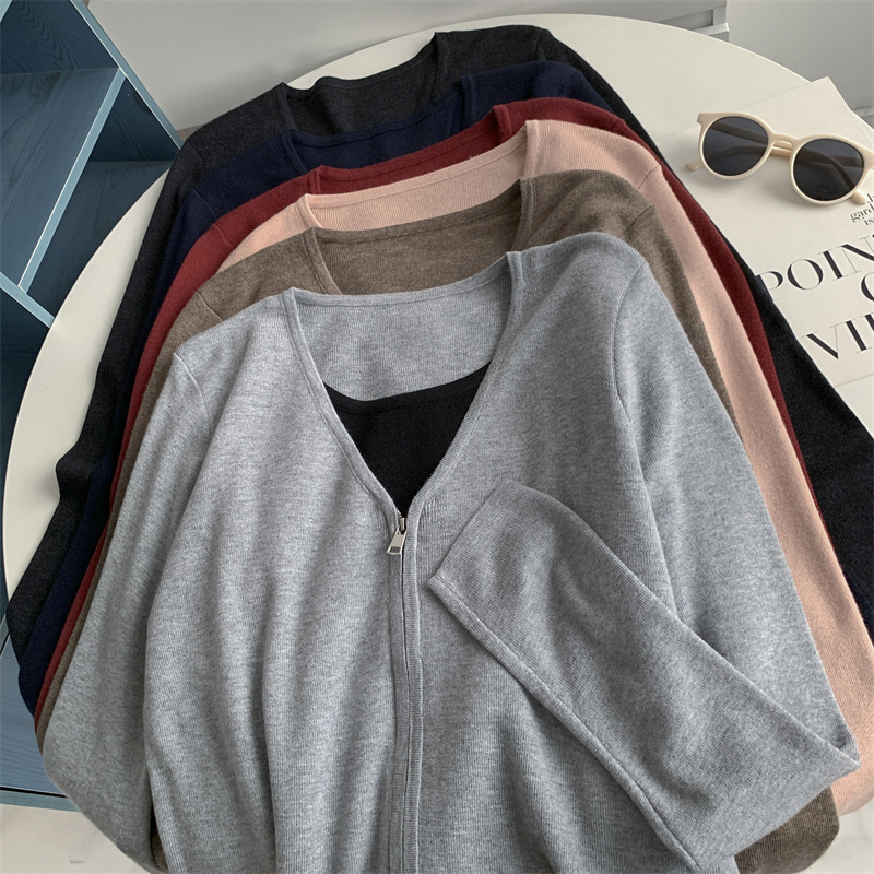 美式温柔气质简约拉链假两件长袖针织衫秋装撞色羊毛V领线衫上衣