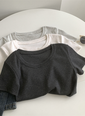 20246夏季新款螺纹彩棉点点U领短袖修身显瘦正肩纯色韩版T恤上衣