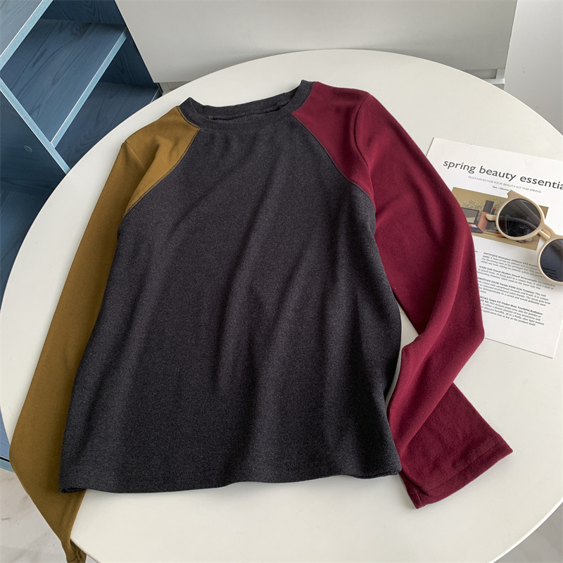 设计感极简风AB袖加绒打底衫新款修身拉绒保暖软糯感插肩袖T恤衣