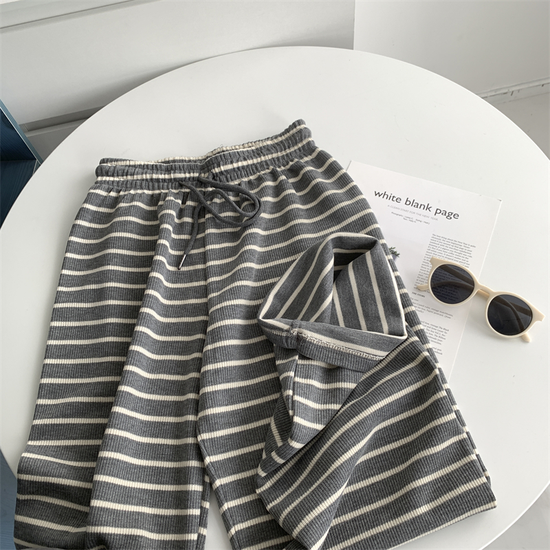 复古懒惰风灰色条纹高腰直筒裤宽松运动阔腿裤女直筒裤拖地裤长裤