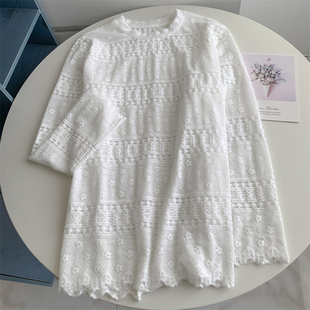 懒惰风镂空白色蕾丝长袖T恤中长款2026新款重工刺绣时髦内搭上衣