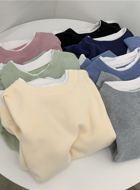 豆绿色米妮绒清新假两件薄款圆领套头卫衣女秋季宽松休闲叠穿上衣