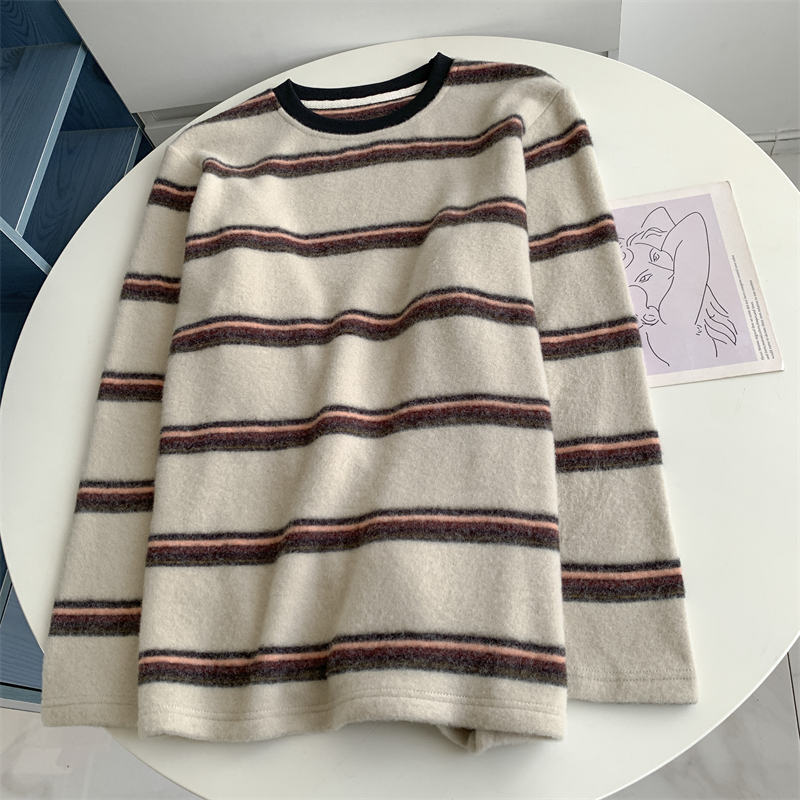 秋冬新款杏色红条兔毛打底衫撞色系羊绒懒惰风欧货时髦百搭上衣女