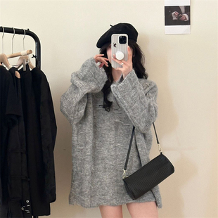 透视复古镂空方块圆领大毛衣中长款遮屁股宽松松弛感针织上衣女