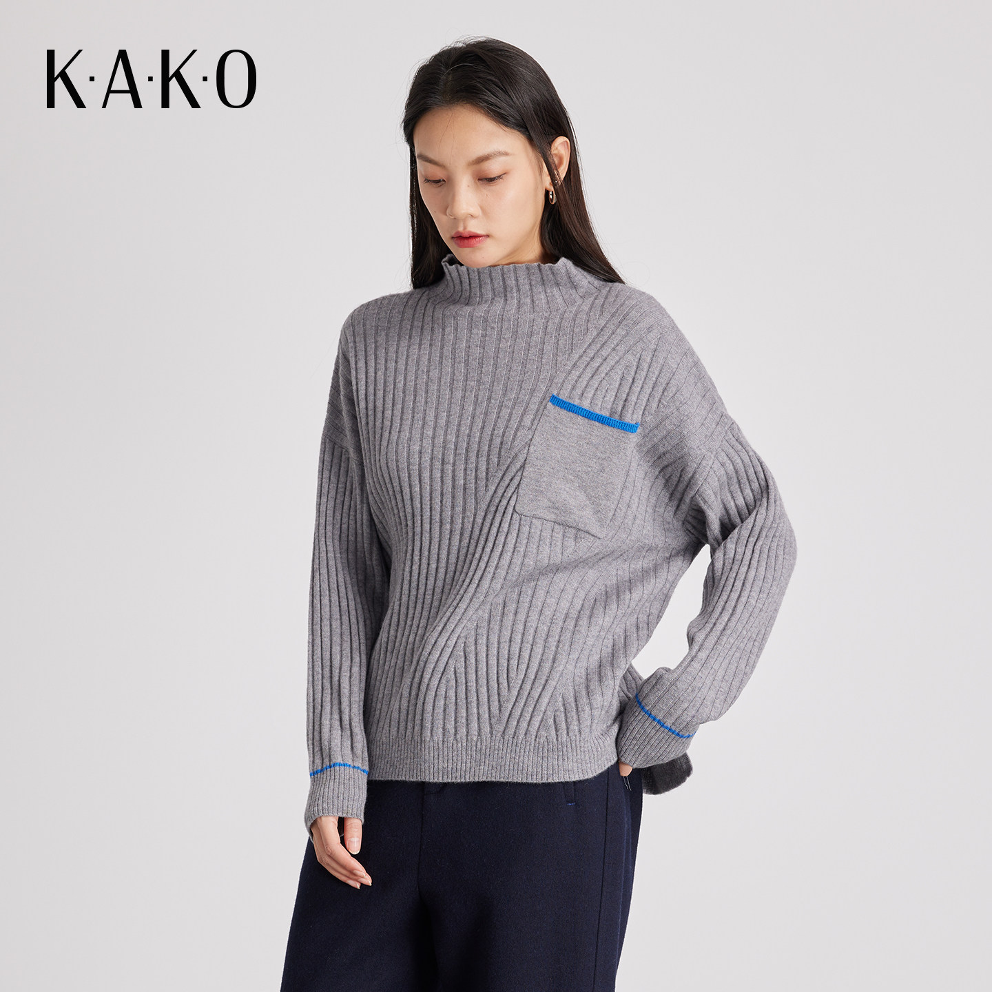 【软糯绵羊毛】KAKO秋冬新品坑条小立领针织衫保暖毛衣5441041