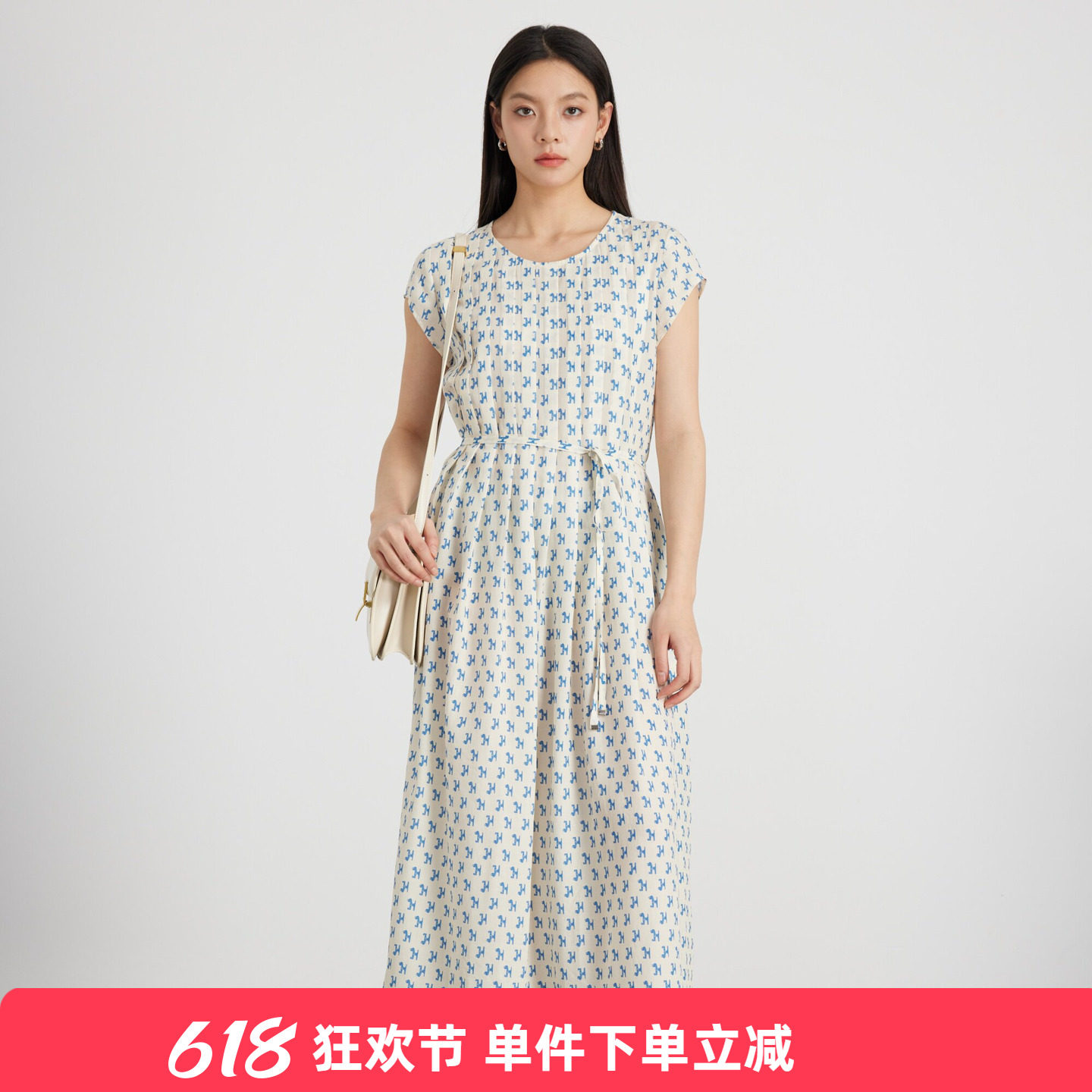 KAKO夏季新品莱赛尔设计感印花前褶连衣裙女中长款裙子5530181