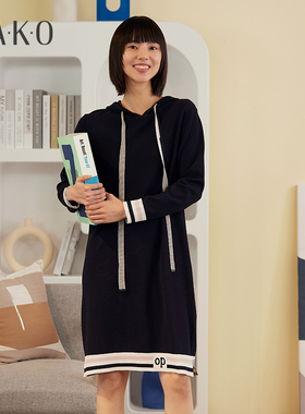 KAKO春季新品女士针织连衣裙休闲常规连帽长袖毛衣裙子显瘦