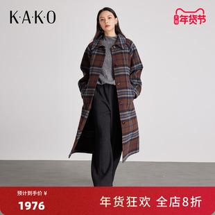 【绵羊毛大衣】KAKO秋冬新品羊毛保暖格纹翻领长款大衣5431992
