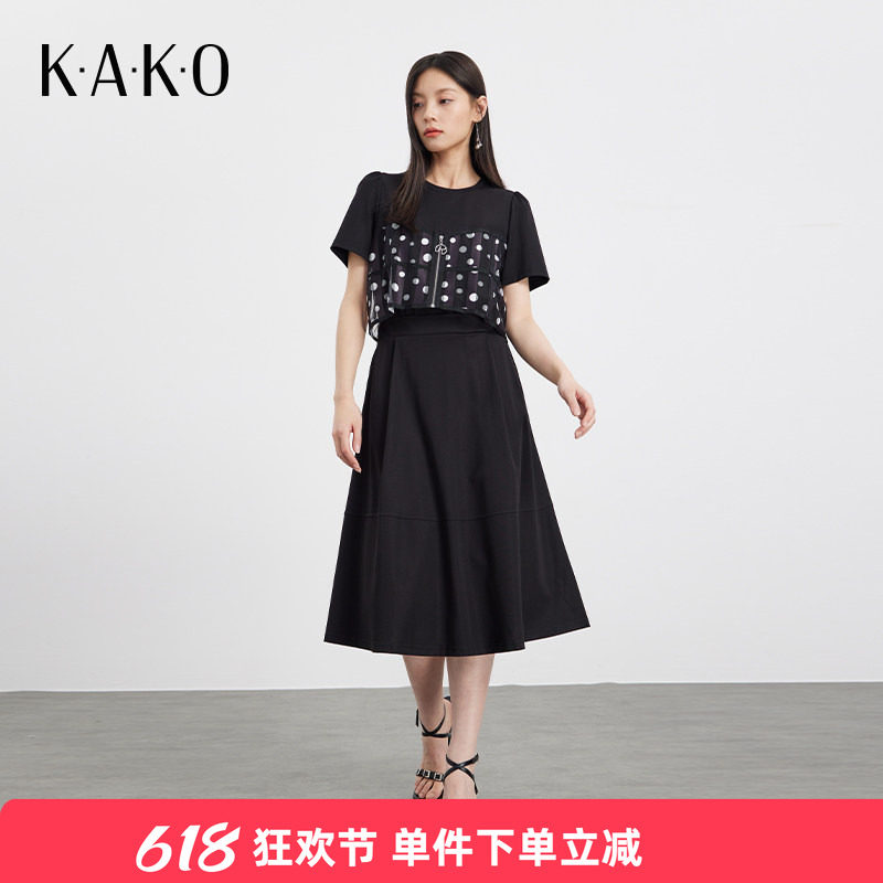 KAKO夏季新品圆领短袖拼接波点休闲连衣裙女修身显瘦裙子5340681