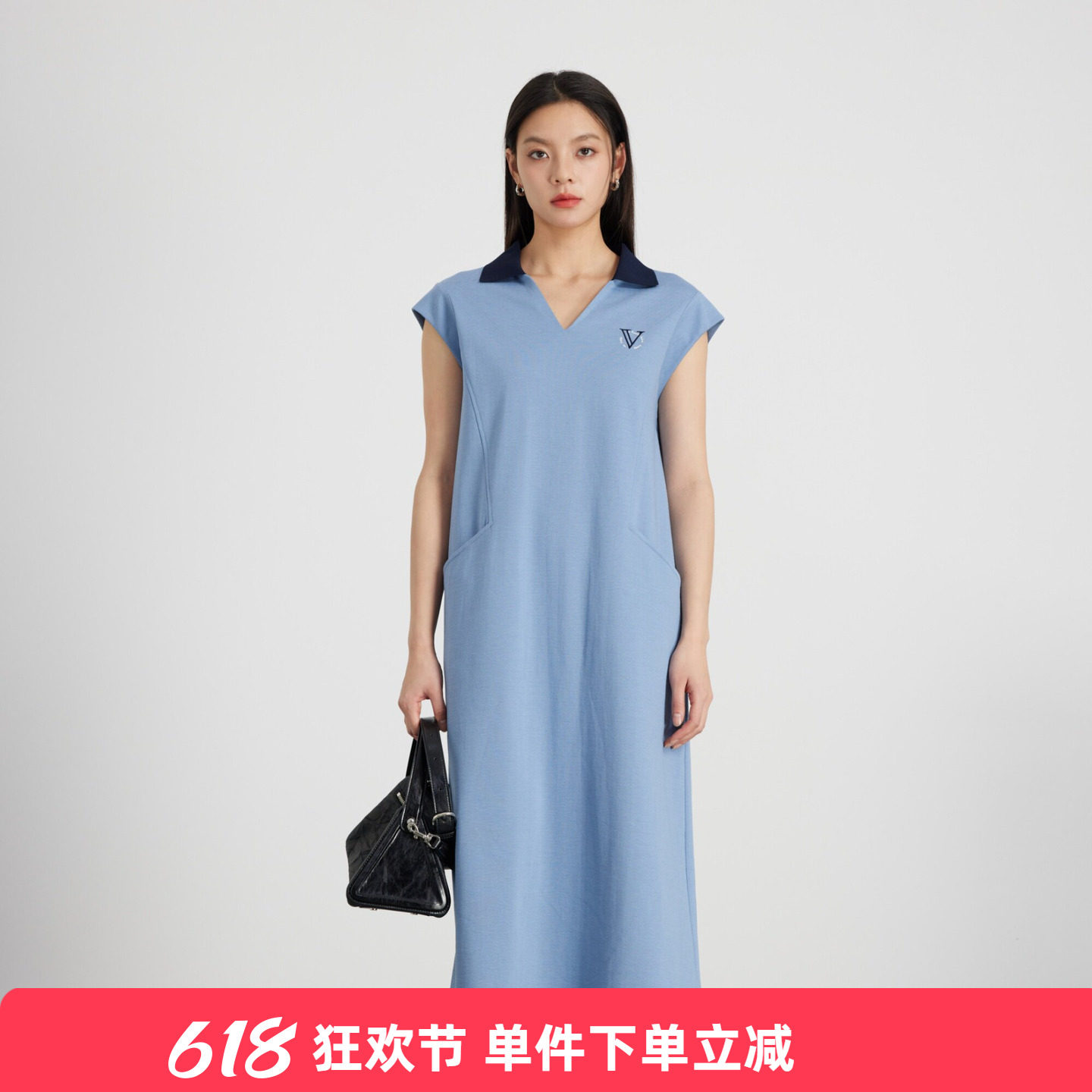 KAKO夏季新品莱赛尔设计感撞色翻领小包袖连衣裙长款裙子
