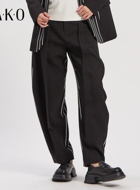 KAKO秋冬女装长款裤子时尚气质休闲阔腿裤条纹拼接时装裤5020171