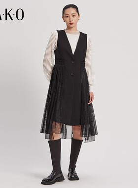 KAKO秋冬女装中长款裙子时尚休闲蕾丝拼接马甲式连衣裙5020181