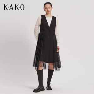 KAKO秋冬女装中长款裙子时尚休闲蕾丝拼接马甲式连衣裙5020181