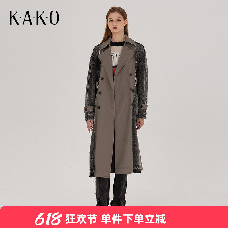 KAKO春夏英式新潮流长外套拼色格纹大廓形绑带长款风衣S5110551