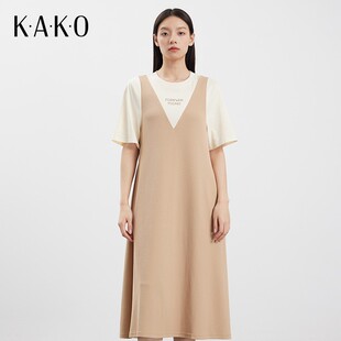 【商场同款】KAKO新款韩版V领宽松短袖假两件撞色连衣裙5321481