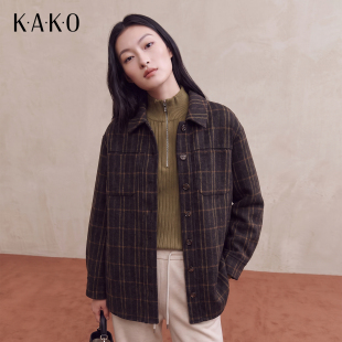 KAKO2026秋冬新品女绵羊毛格纹衬衫式大衣休闲通勤外套