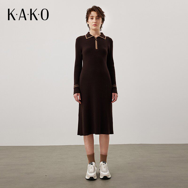【商场同款】KAKO新款修身包臀裙翻领显瘦长款针织连衣裙5232541