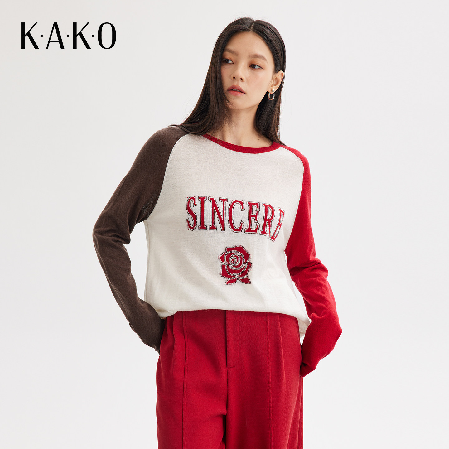 KAKO秋冬新品羊毛字母玫瑰拼色针织衫时尚百搭印花毛衣5412541