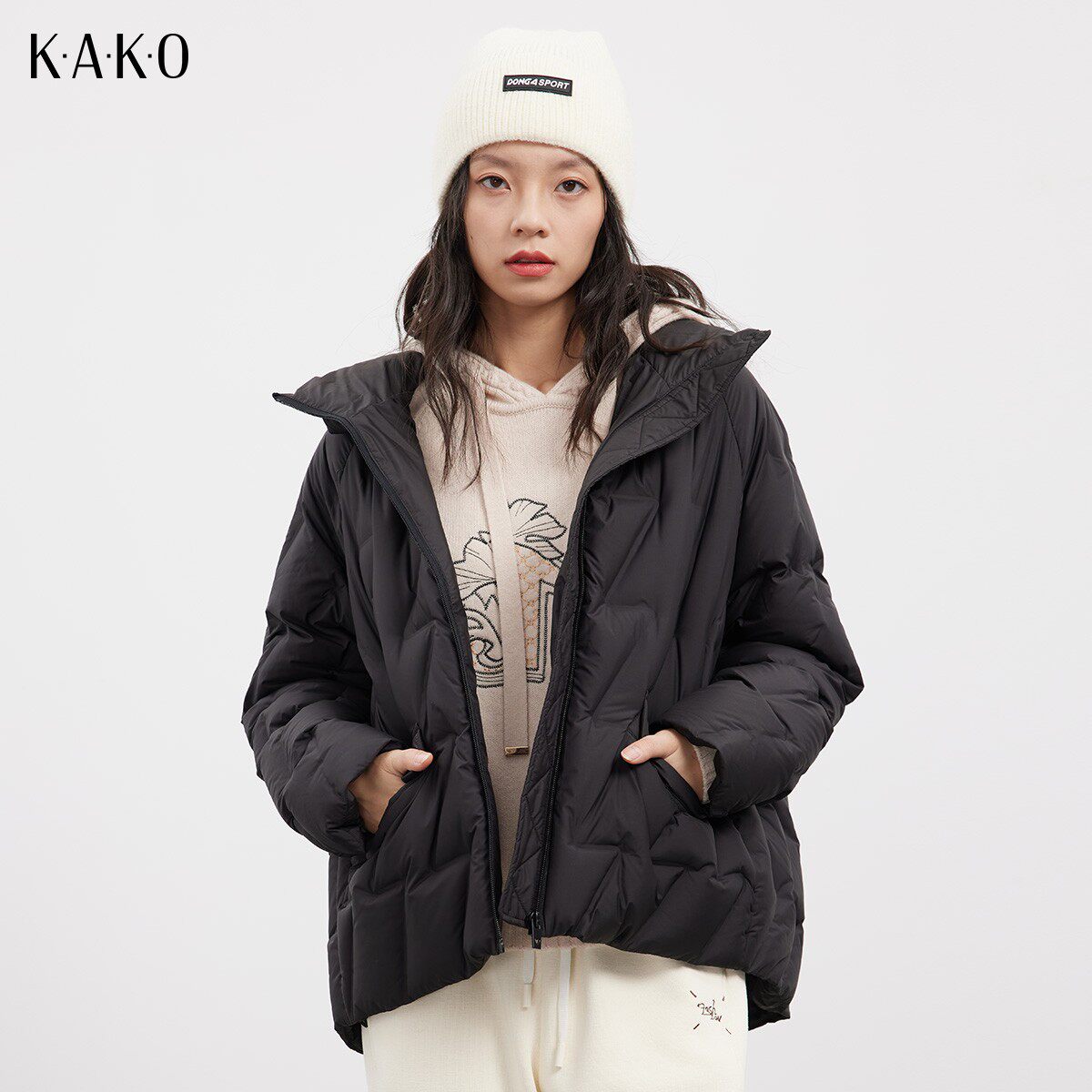 kako冬季新款女士时尚简约加厚保暖鸭绒服结绳口袋短款羽绒服