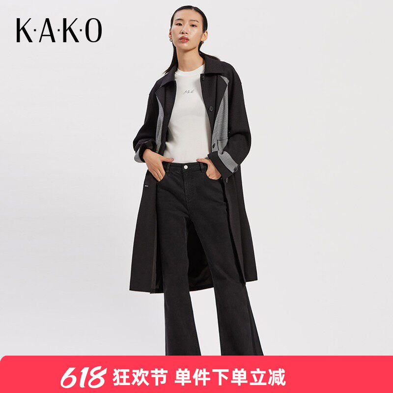 KAKO秋冬女装气质中长款毛呢外套西装领千鸟格拼接大衣5023492