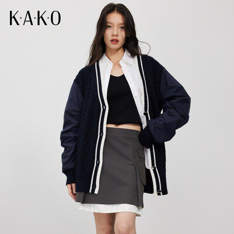 【商场同款】KAKO新款时尚百搭小衫相拼造型款针织开衫女5221042