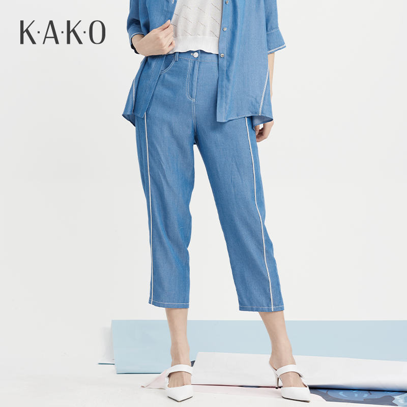 KAKO新品女士休闲裤直筒裤九分休闲时尚舒适莱赛尔裤子