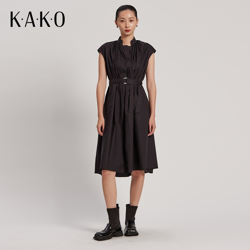 KAKO秋冬女装中长款裙子气质休闲系带褶皱廓形连衣裙5010181
