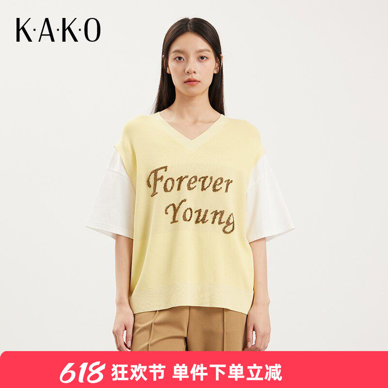 【商场同款】KAKO新款学院风字母印花假两件短袖针织衫5322041