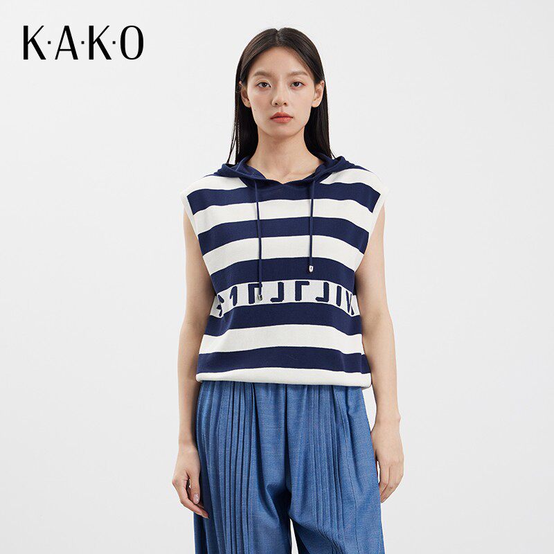 【商场同款】KAKO新款休闲时尚宽松无袖条纹连帽针织衫5333241