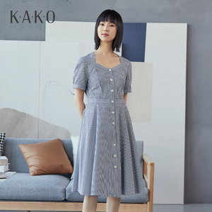 KAKO春夏新品女士连衣裙收腰纯棉格子显瘦气质百搭裙子