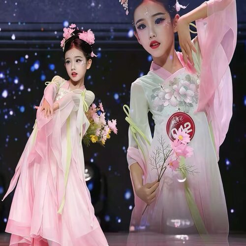 立春古典舞演出服女儿童汉服女童艺考纱衣练功服扇语春风舞蹈服装