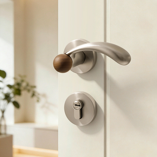 银色卧室门锁家用木门分体房门锁室内房间磁吸静音原木风门把手