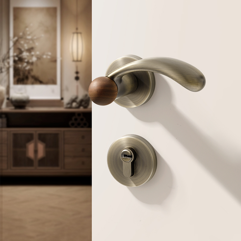 复古卧室门锁室内木门分体房门锁古铜色家用房间磁吸中古风门把手