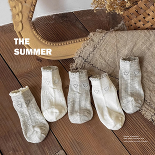 儿童袜子夏季 ins甜美爱心短筒公主花边棉袜 薄款 透气网眼女童韩版