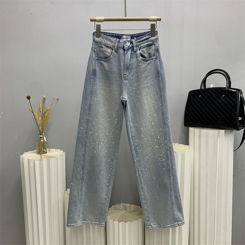 斯卡洛依2861欧货2026春加长浅色烫钻牛仔直筒裤女窄版拖地裤CKLY