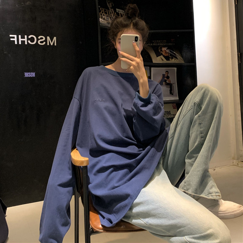 2019早秋新款纯色长袖T恤女宽松韩版慵懒风中长款休闲打底衫上衣(非品牌)