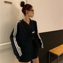 T恤女宽松韩版 秋装 条纹百搭学生上衣 透气网面运动休闲中长款 长袖