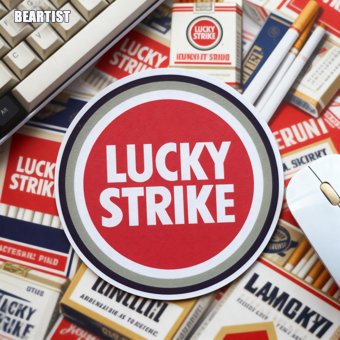 美国 Lucky Strike old cigarette 皮革鼠标垫圆形便携PU材质迷你