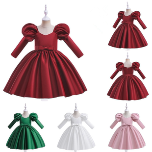 欧美女童礼服缎面走秀公主裙宴会婚纱主持人钢琴表演服girl dress