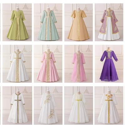 中东沙特阿拉伯服外贸女童长袍拼接印花中长裙儿童派对礼服连衣裙