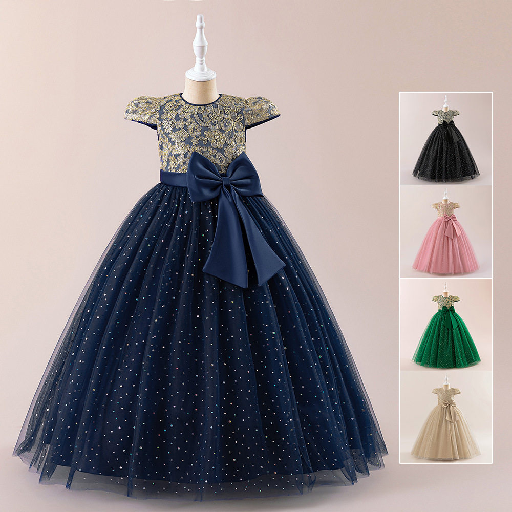 2025新款绣花长裙女童贴钻公主裙小飞袖网纱蓬蓬裙儿童节日演出服