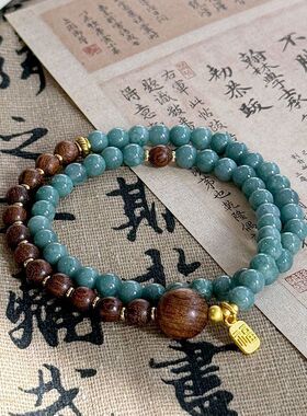 手爆款串木质金丝檀手链女小众时尚送女友蓝色玉石百搭叠戴手串