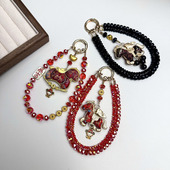 新年红色宋锦手工制作小马双面复古手机链财神爷平安扣汉服配饰挂