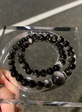 新款天然银曜石天然水晶手串男女款双圈手链活眼银曜手串高级感南