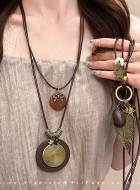 新中式禅意长款毛衣项链女双层复古民族风串珠颈链小众羽毛锁骨链