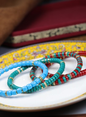 高瓷绿松石彩钻手串男女款直切药片文玩礼物单圈饰品批发