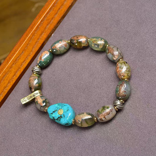 藏区天然观音天珠文玩手串单圈南红玛瑙松石铜卡子配饰佛珠手链