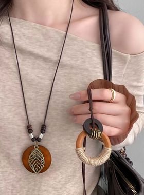 新中式禅意圆环编织项链女波西米亚复古民族风长款卫衣毛衣链配饰