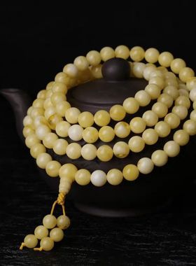 二代黄蜜蜡琥珀白花蜜鸡油黄108颗手链吊坠蜜蜡手串景区直播货源